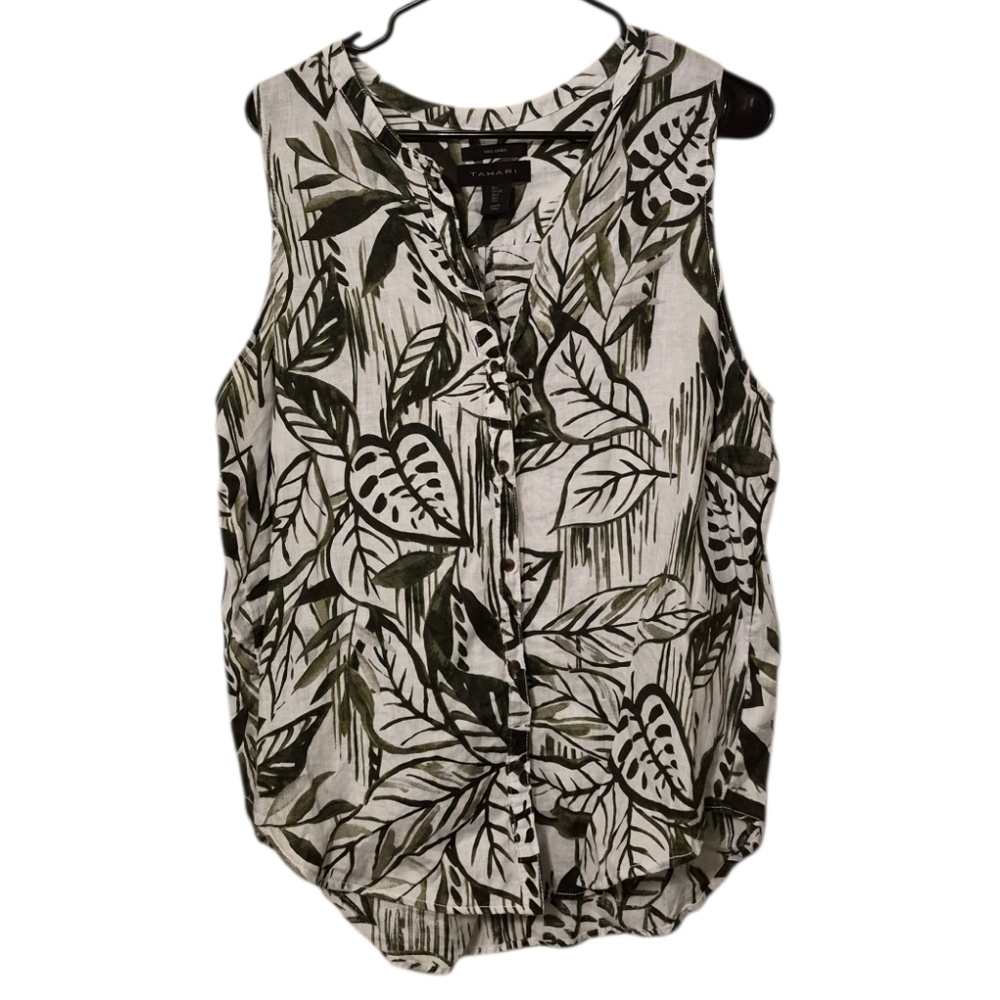 Tahari Linen Tropical Botanical Green White Button Up Tank Top, L